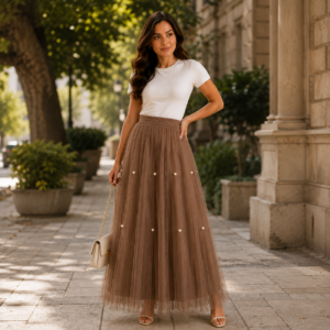 Saia Longa em Tule com Pérolas Cravejadas – Forrada