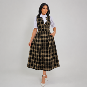 Conjunto Xadrez Elegance Midi com Blusa Laço